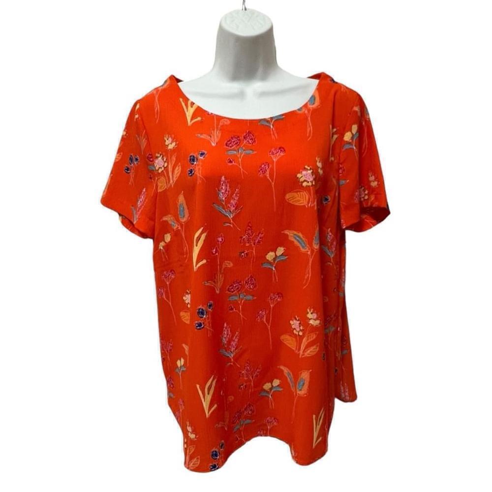 JNY Women’s Vibrant Orange Floral Scoop Neck Split Hem Blouse, Size Large - Picture 13 of 13